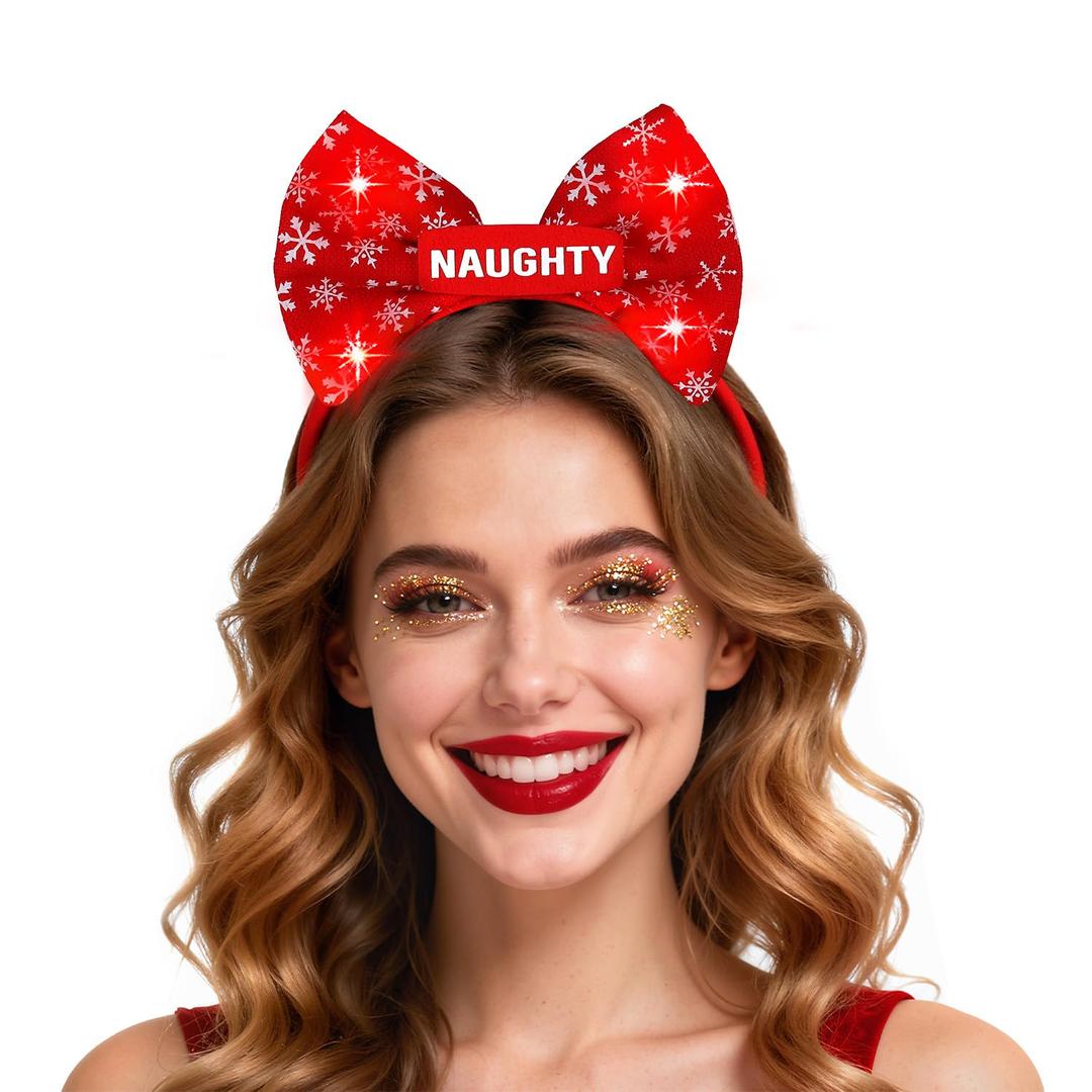 Light Up Christmas Headbands Bows Hairbands for Women - Xmas Bowknot Headpieces Hair Accessories Woman (Naughty, Red, One Size)