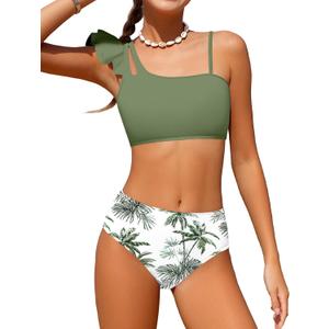 NAPU Girls Swimsuit 2 Piece Bikini Set Ruffle Bathing Suit for Girls Tropical Teen Swimsuits Summer Beach Swimwear 13-14Y, Green