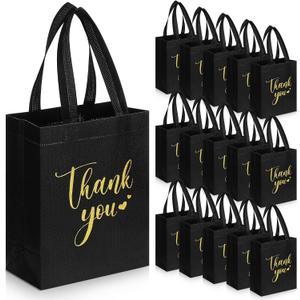 Sweetude 30 Pcs Thank You Gift Bags with Handles, Reusable Non Woven Foldable Goodie Bags Bulk for Graduation Teacher Appreciation Wedding Bridesmaid Favors(10 x 8 x 4 Inch,Black)