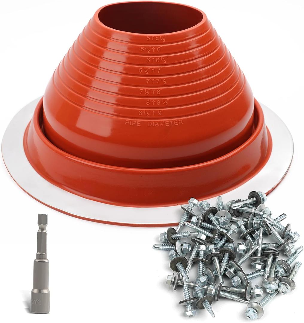 #6 High Temp Silicone Metal Roof Pipe Flashing Boot - Roof Vent Boot for Pipe OD 5" to 9" - Roof Vent Cover for Stove Pipe, Chimney, HVAC Ducts & Plumbing Vents with Roofing Screws & Hex Socket