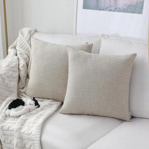 Pack of 2, Kevin Textile Decorative 2 Tone Linen Pillow Covers Farmhouse Boho Decor Cushion Covers for Chair/Sofa/Bed/Car, 18 x 18 Inches, Light Beige (18" x 18" (Pack of 2))