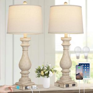 27.5" Farmhouse Table Lamp for Living Room Set of 2,Vintage Bedside Lamps with USB C+A Ports & AC Outlet,3-Way Dimmable Touch Control White Washed Finish Nightstand Lamp for Bedroom,Beige
