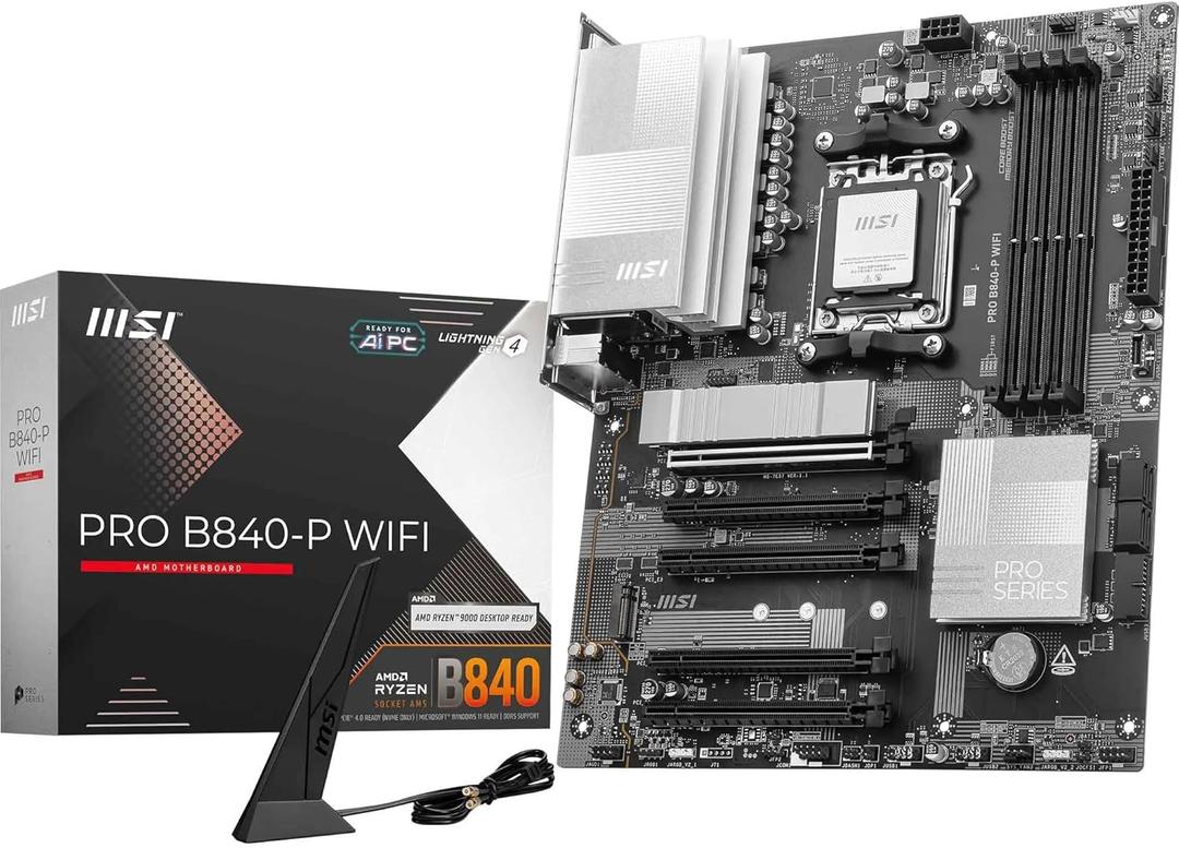 MSI PRO B840-P WiFi Motherboard, ATX - Supports AMD Ryzen 9000/8000 / 7000 Processors, AM5 - DDR5 Memory Boost (8000+ MT/s OC), PCIe 4.0 x16, M.2 Gen4, Wi-Fi 7, 2.5G LAN