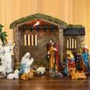 Fovths 17 Pieces Lighted Nativity Christmas Nativity Stable Manger Religious Nativity Stable Manger Figurine Resin Decor for Deluxe Edition Led Nativity Tabletop Holiday Centerpieces Decor, 7 Inch