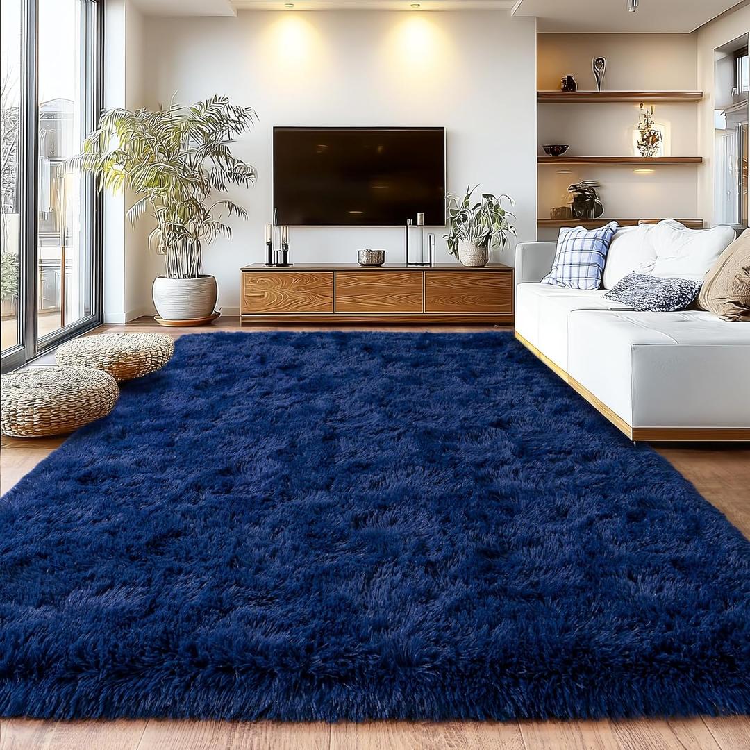 Shag Area Rugs for Living Room, Soft Fuzzy Plush Rugs, Upgrade Anti-Skid Modern Furry Rugs Fluffy Carpets for Kids Room Nursery Home Decor Dark Blue, 5X7 Feet