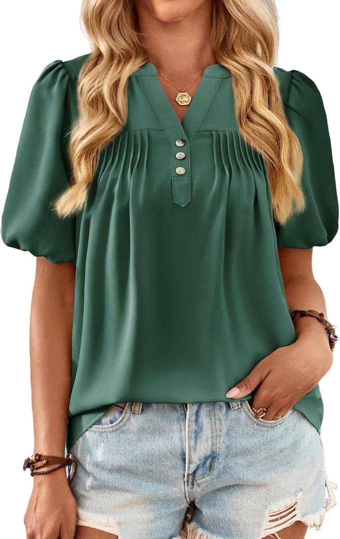 Womens Summer Tops Lantern Short Sleeve V Neck Blouses Dressy Casual Loose Fit Button Down Shirt for Women (Green, XL)