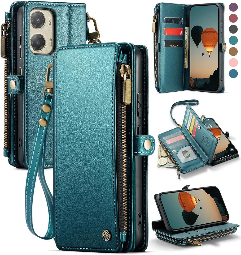 Defencase Compatible with Moto G Stylus 5G 2024 Case, RFID Blocking Wallet Case Compatible for Motorola Moto G Stylus 5G 2024 PU Leather Flip Strap Zipper Card Holder Phone Case for Women, Blue Green