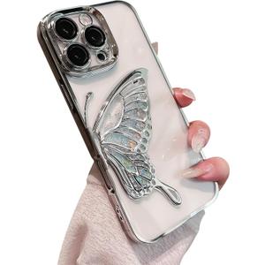 2 x Compatible for iPhone 16 Pro Max Case with Camera Lens Protector, Luxury Electroplated Cute Glitter Butterfly Quicksand Women Girls Phone Cover for iPhone 16 ProMax (Silver Butterfly)