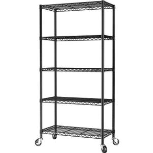 SINGAYE 5 Shelf Adjustable Heavy Duty Storage Shelving Unit with Wheels Steel Organizer Wire Rack Shelves Bathroom Organizers and Shelf Wire Closet Metal Pantry Kitchen Garage 14" DX30 WX70 H Black (5-Black 14"D X 30"W X 70"H)