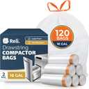 Reli. 18 Gallon Trash Compactor Bags (120 Pack) | 2 Mil Heavy Duty | Compatible with Kitchenaid, Whirpool, GE 15 Inch Compactors | No Slip Drawstring Kitchen Trash Bags | Leak-Proof & Tear Resistant