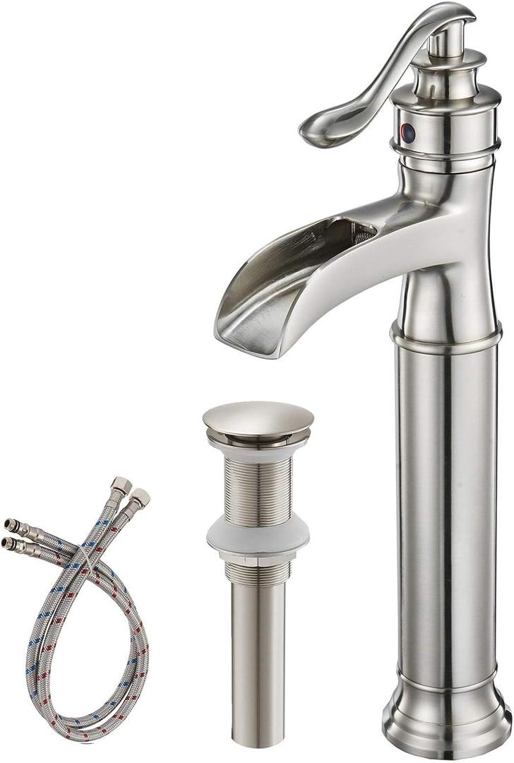 BWE Waterfall Vessel Sink Faucet Brushed Nickel Bathroom Faucet Single Handle Tall Single Hole Bathroom Sink Faucet Commercial Mixer Tap with Pop Up Drain Assembly and Supply Line