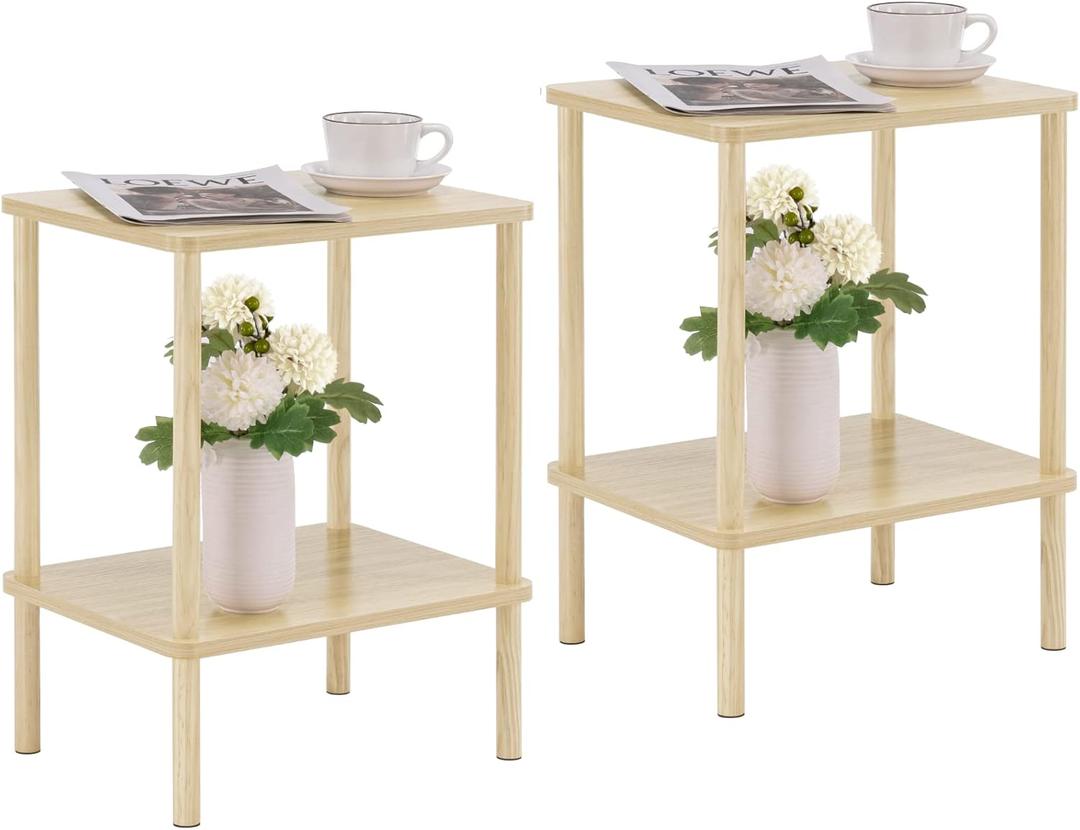 Apicizon 2 Tier End Table Set of 2, Small Side Table with Solid Wood Legs, Boho Bedside Table with Storage Shelf, Nightstand for Small Spaces, Bedroom, Living Room, Entryway, Light Natural