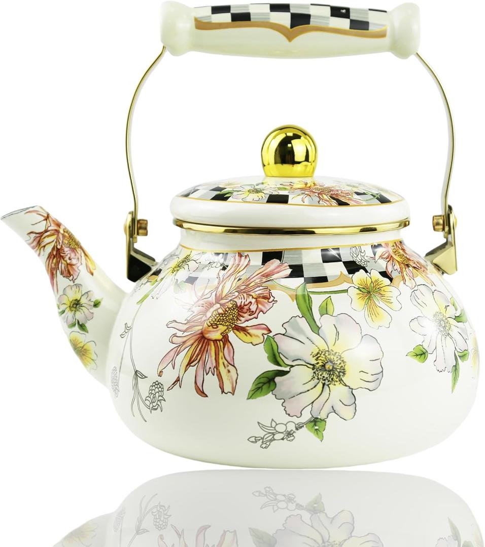 Floral Enamel Tea Kettle Bohemian Vintage Teapot Hot Water Coffee Kettle Pot 2.5L Porcelain Beige Colorful Rustic Tea Pot for Stovetop Hot Water Kitchen Decor