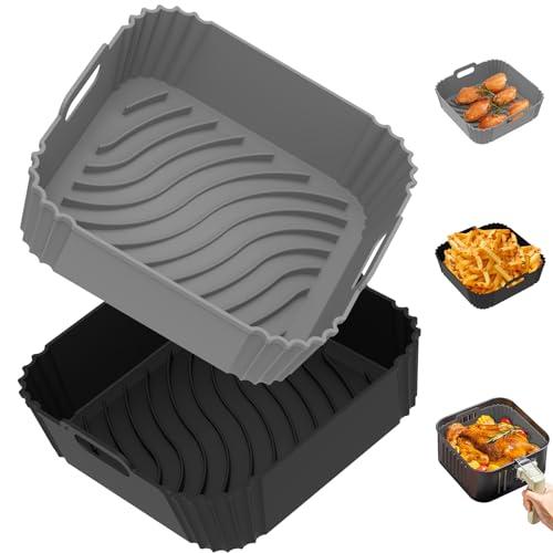 Redfly 2 Pack Silicone Air Fryer Liners, Square Reusable Non-Stick Basket Inserts for 4-5 QT Air Fryers, Dishwasher Safe Parchment Paper Replacement Accessories Gray & Black
