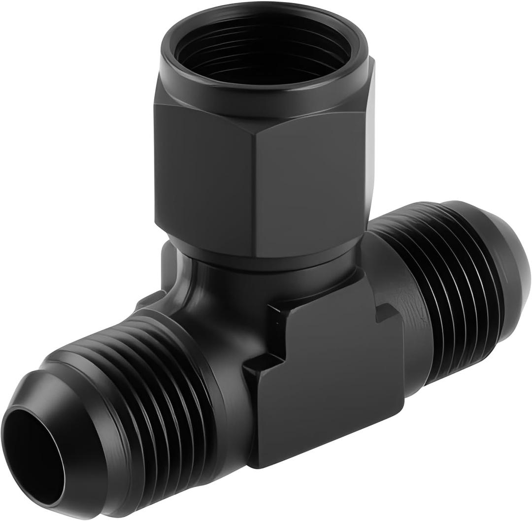 8AN Flare Male Tee Fitting Adapter with AN8 Female Swivel on Side, Black Aluminum Construction for Corrosion Resistance, Universal Fit for Fuel System Transmission Cooler Applications
