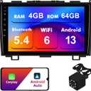 4+64G Android 13 Double Din Car Stereo for Honda CR-V 2007-2011 with 9 Inch Touchscreen Radio Built-in Wireless Carplay/Android Auto/GPS/Bluetooth/FM/AUX-in/Steering Wheel Controls/Backup Camera