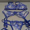 Lilosy Sexy Floral Embroidery Mesh Sheer Underwire Push Up Garter Belt Lingerie Set 3 Piece, M