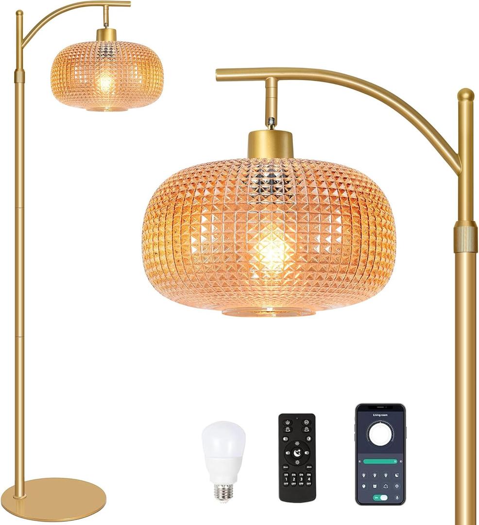 Glass Floor Lamp for Living Room with Amber Glass Lampshade, Dimmable Modern Standing Lamp with 12W LED Bulb, Remote Control Tall Lamp for Bedroom