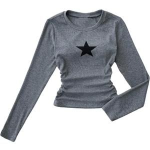 SOLY HUX Girl's Y2k Long Sleeve Top Star Graphic Ruched Fitted Tee Shirts Fall Streetwear (Gray)