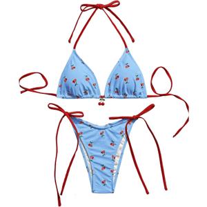 Women's 2 Piece Cherry Graphic Bathing Suit Halter Neck Tie Side Swimsuit Cute Bikini Set (Medium, Light Blue)
