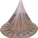 Womens 1 Tier Long Cathedral Lace Applique Wedding Bridal Veil With Metal Comb (13.8"D x 70.9"W x 26.8"H)