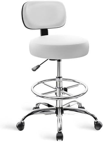 SUPERJARE Drafting Chair with Back, Adjustable Foot Rest Rolling Stool, Multi-Purpose Office Desk Chair, Thick Seat Cushion for Home Bar Kitchen Shop - White