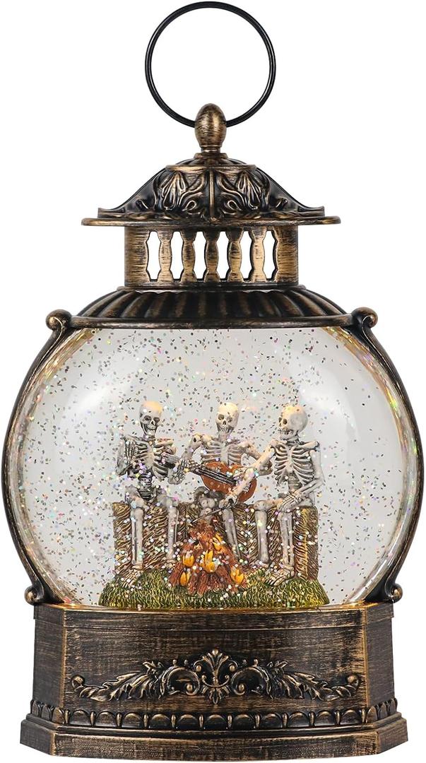 DRomance Halloween Skeleton Snow Globe Lantern with 6H Timer Battery Operated USB Powered Lighted Water Glitters Bronze Canteen Shaped Snow Globe Halloween Decoration Children Gift(6 x 3.2 x 11 Inch)