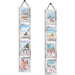 QUTREY 4x6 Hanging Picture Frames Collage Set of 2, 4 Openings 4 x 6 Photo Frames for Vertical 4 by 6 inch Pictures for Wall Decor, Distressed White
