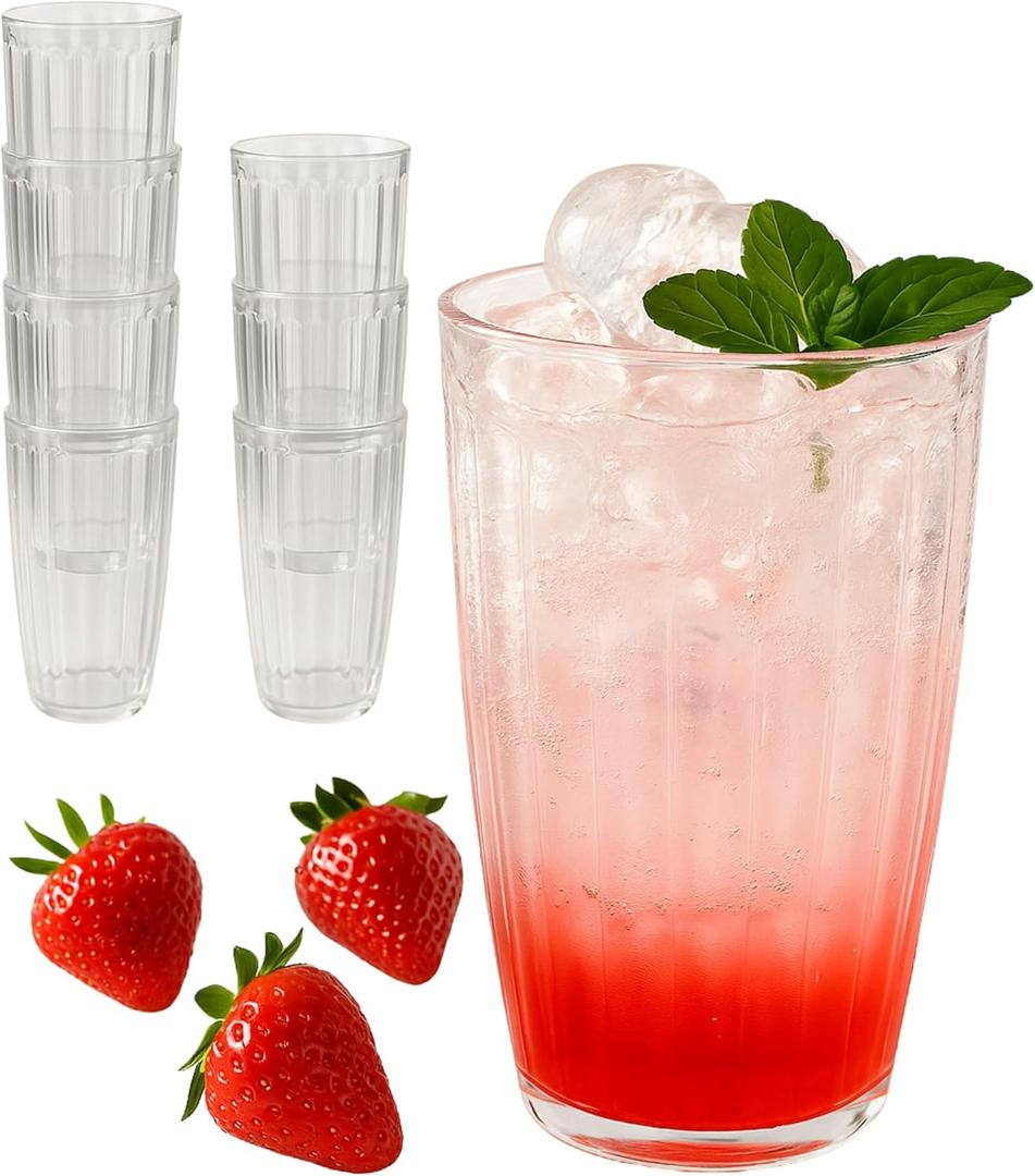 Kate Aspen Clear Ribbed Acrylic Glasses Drinkware Set of 8, 21 oz, Plastic Tumblers, Tumblers & Water Glasses, BPA-Free Plastic Cups Reusable for Cocktails, Pool Parties & Outdoor Entertaining
