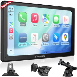 CARPURIDE W901 Pro with Wireless Bluetooth Transmission Portable Carplay & Android Auto Car Stereo, 1080P Touch Screen, Mirror Link/GPS/Siri/FM, with 3 Bracket