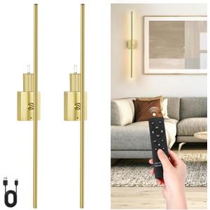 Battery Operated Wall Sconce with Remote Control, Set of Two Dimmable Battery Removable Wall Lamp, Four Color Temperature LED Rechargeable Wireless Wall Sconce, 31.5 in Wall Light for Bedroom, Hallway (Gold)