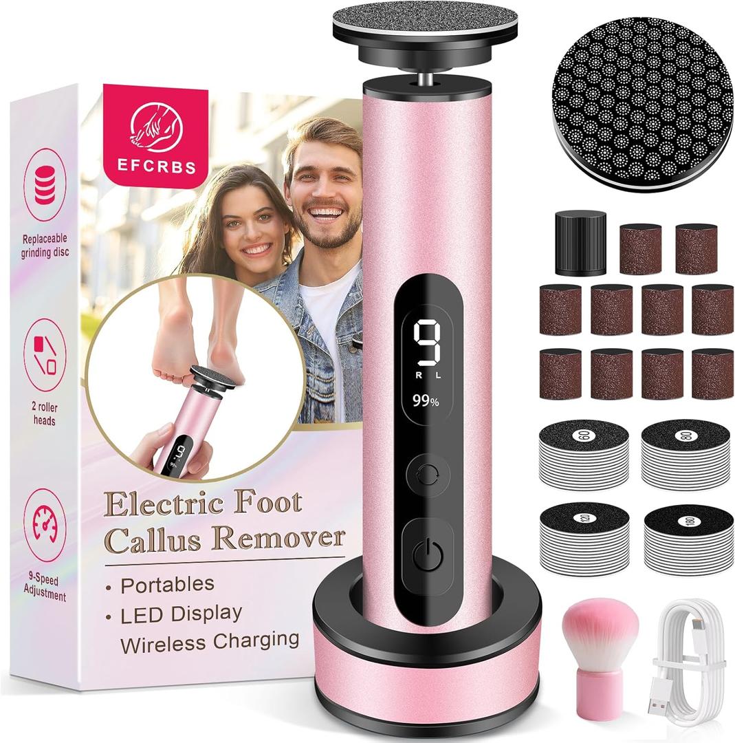 Electric Foot Callus Remover with LED Battery Level & 9-Speed Control Display. Callus Remover for Feet with Wireless Charger, Multi-sandpaper (70 Sheets) & Nano Glass Head for Dead Skin (Pink)