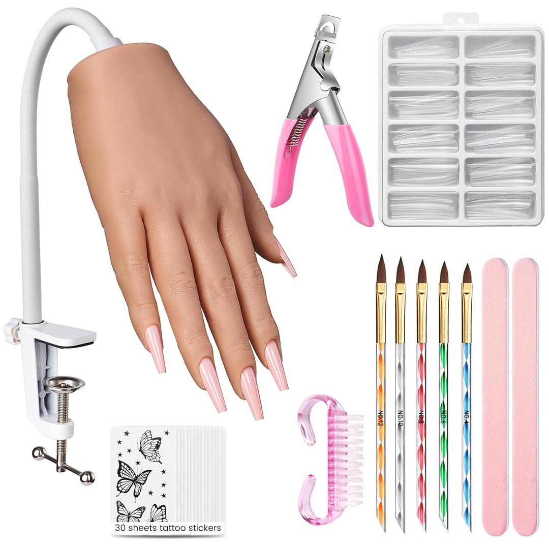 Practice Hand for Acrylic Nails: Realistic Silicone Nail Hand Practice with Tattoo Stickers - Flexible Fake Hand Mannequin Nail Hand Kit for Beginners