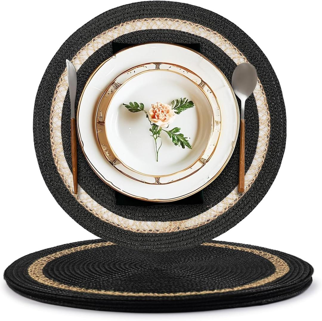 AHHFSMEI Round Paper and Jute Braided Placemats Set of 4 Non-Slip Heat Resistant Table Mats for Dining Tables Indoor & Outdoor Place mats for Daily Use (Black,4)