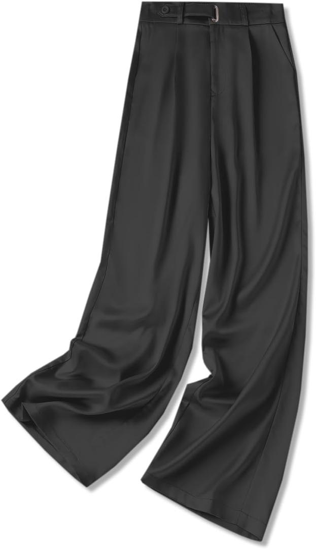 Betusline Women's Wide Leg Satin Dress Pants Long Straight Casual Flowy Silky Trousers, 7# Black Silk, X-Large 