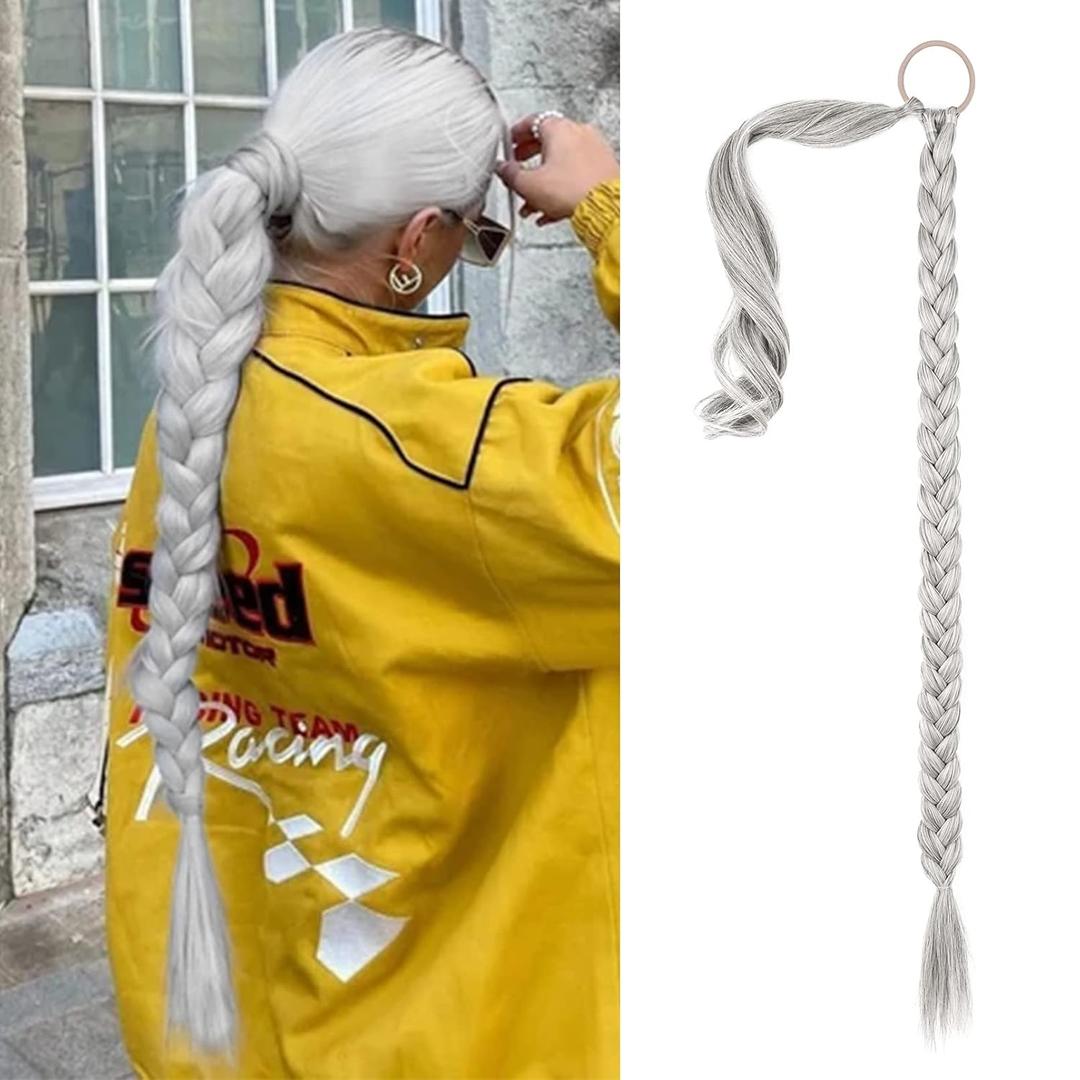 SEIKEA Long DIY Braided Ponytail Extension with Hair Tie Straight Wrap Around Hair Extensions Ponytail Natural Soft Synthetic Hairpiece Silver Mist Grey 34 Inch (After Braided 30 Inch) (34 Inch 180G (Pack of 1))