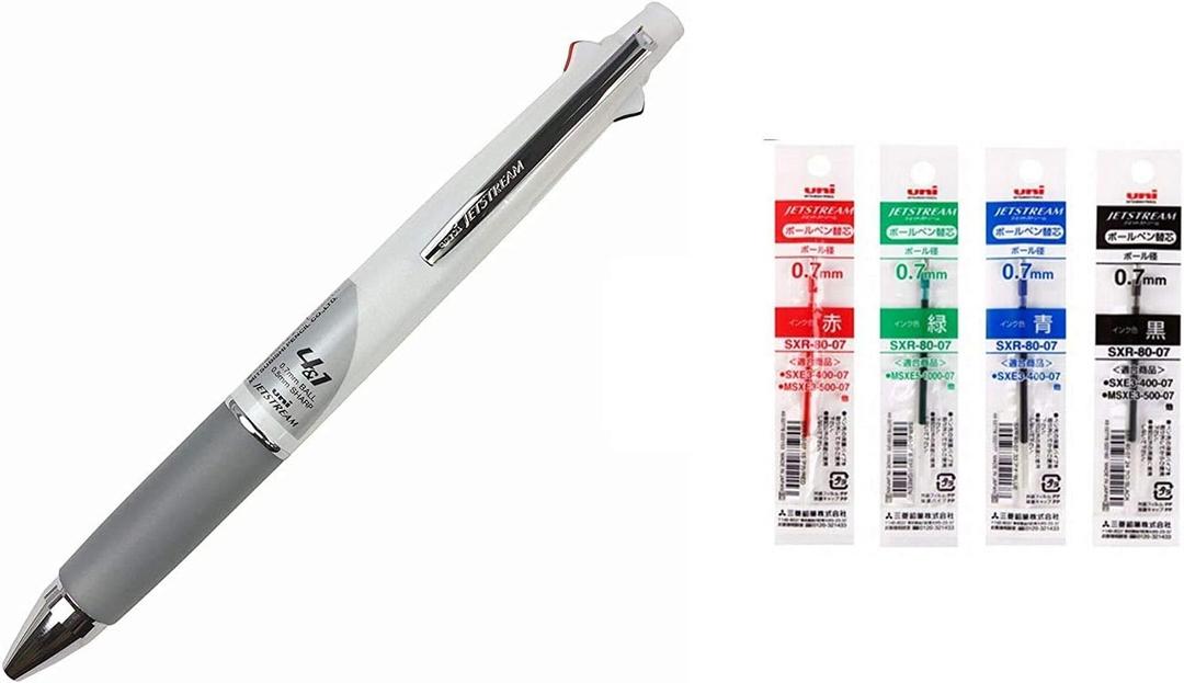 uni Jetstream 4&1 Red Green Blue and Black 0.7mm Ballpoint Multi Pen and 0.5mm Mechanical Pencil (White) + Refill 4 Colors 0.7mm Set