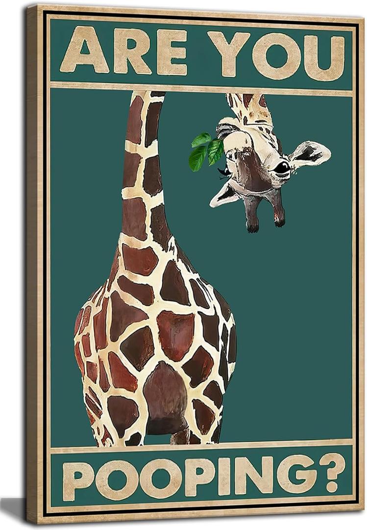 Funny Giraffe Bathroom Canvas Wall Art Picture Humorous Animal Toile Poster Prints Are You Pooping Painting Artwork Wall Decor for Washroom Restroom 16x24in Framed Ready To Hang