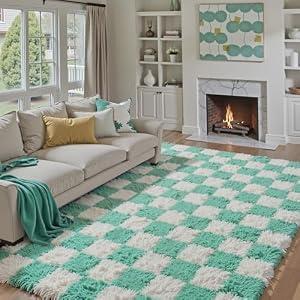 PureCozy Checkered Rug 6x9 for Living Room, Green and White Modern Shag Rug Washable Non-Slip Large Area Rug Super Soft Indoor Fuzzy Carpet Fluffy Rugs for Bedroom Home Aesthetic Decor