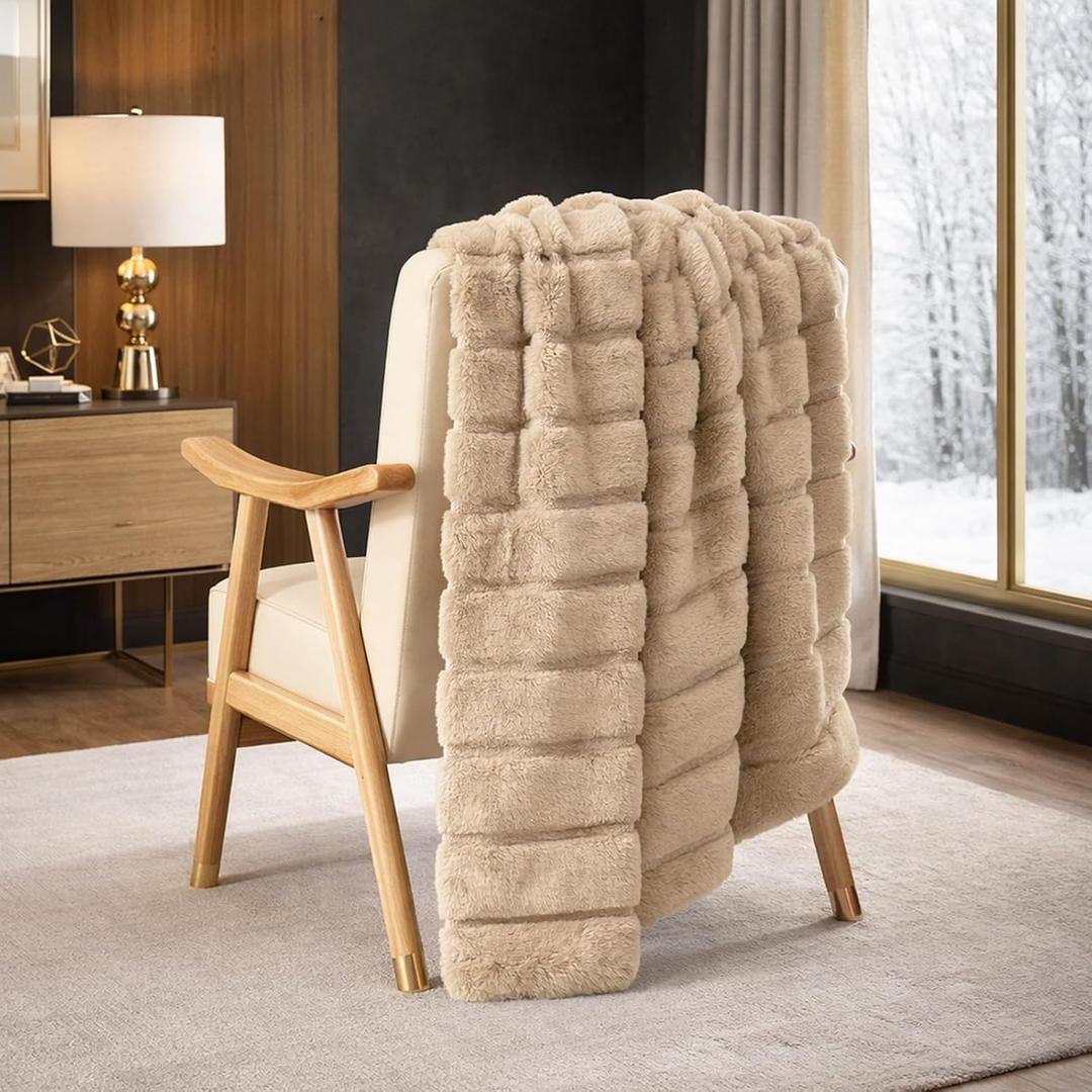 Cozy Bliss Deluxe Sheared Rabbit Faux Fur Throw Blanket, Soft Fuzzy High-Low Sculpted Plush Blanket for Couch, Cozy Home Accent, All Season Use, Khaki 50"x60"