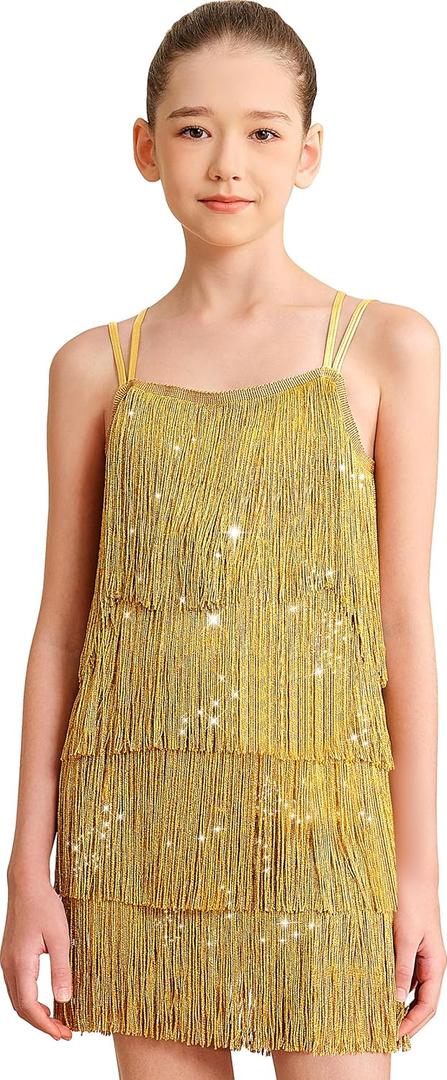 Girls Latin Tassel Dance Dress Sequin Fringe Skirt Sparkly Camisole Dancewear (7-8 Years, Gold)