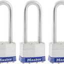 Master Lock Silver Outdoor Keyed-Alike Padlocks with Keys, Extra Long Shackle Lock for Gate, Fence, Shed, or Other Equipment, 3 Pack, 1TRILJ
