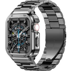 MioHHR Stainless Steel Band and Case Compatible with Apple Watch Band 45mm, Men Metal Protective Bumper Cover for iWatch Series 9/8/7, Space Gray