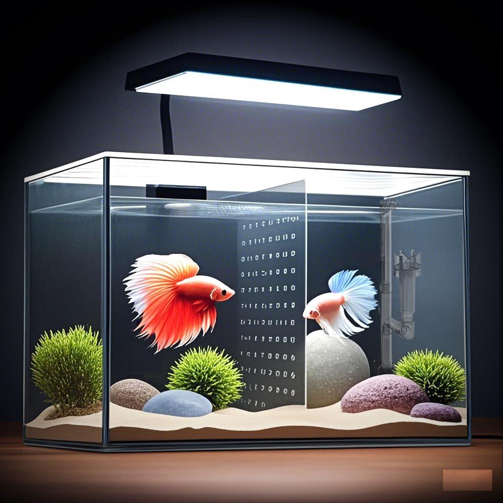3 Gallon 12.6 L Fish Nano Glass Aquarium, with Separator Plate for Betta, Multi-Functional Square Fish Tank with Filter, LED Light, Black 4mm Glass