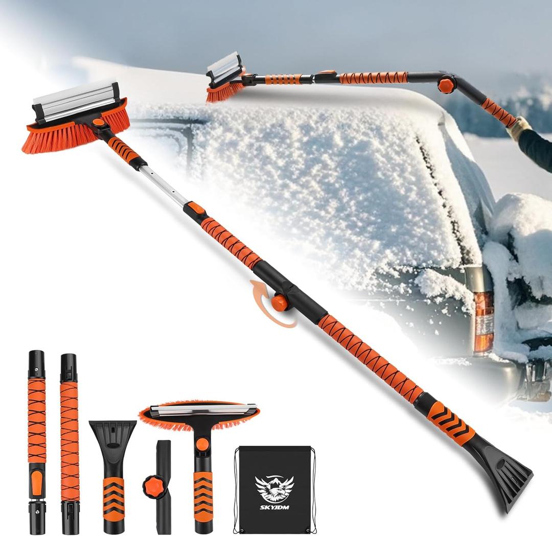 62.4" Foldable Snow Brush and Ice Scrapers for Car Windshield, Adjustable & Extendable Ice Removal Tool with Non-Slip Foam Grip, 180 Pivoting Snow Brush for Car, SUV, Truck (Orange)