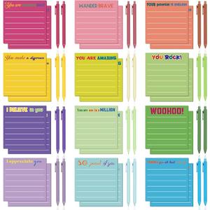 Fainne 48 Pcs Inspirational Sticky Notes and Colorful Pens, 3 x 3'' Bulk Motivation Note Pads Mini Inspirational Note Gift for Teacher Students Nurse Office Supplies(Bright Colors)