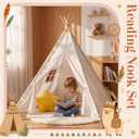 5 Pcs Reading Nook Set, Teepee Tent with Padded Mat, Lights, Star & Square Pillows, Reading Corner Decor Canvas Play Tent Private Indoor Play House for Bedroom Nursery Classroom Decor