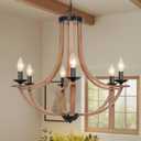 Farmhouse Chandelier, Rustic Wood Pendant Light with Dimmable Chain, Vintage Hanging Lantern for Dining Room Kitchen Island Foyer Living Room Bedroom, 27.6 Inch