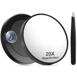 Macaki 20X Magnifying Mirror with 2 Suction Cups, 3.5 inches Magnified Makeup Mirror and Slant Tweezers,Black,1PC
