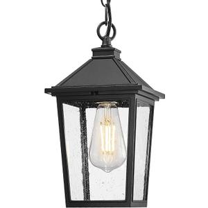 Outdoor Pendant Lights for Porch, HWH Exterior Hanging Lantern, Farmhouse Outdoor Pendant Light for Gazebo, Seeded Glass Shade, Matte Black, 5HX64HM BK (Large)